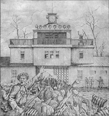 Повстанцы наступают на главные ворота лагеря. Рисунок одного из узников Бухенвальда 